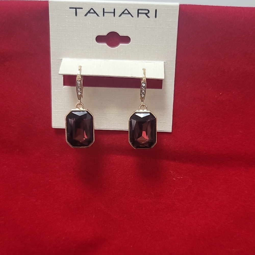 Tahari Gold-Tone Dark Burgundy Emerald-Cut Crystal Drop Earrings - Picture 4 of 11